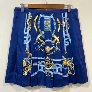 J. McLaughlin Equestrian Print Silk Blue Gold Pleated Mini Skater Skirt Size 8
